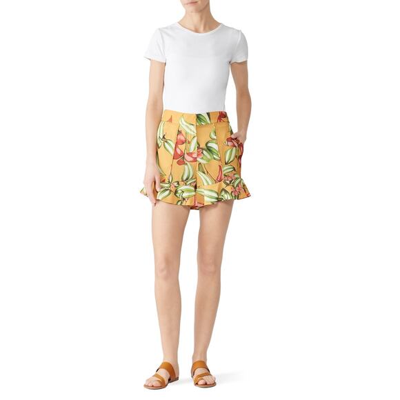 Patbo Sz 10 Yellow Farm Floral Print Ruffle Hem High Waist Shorts Flirty Boho